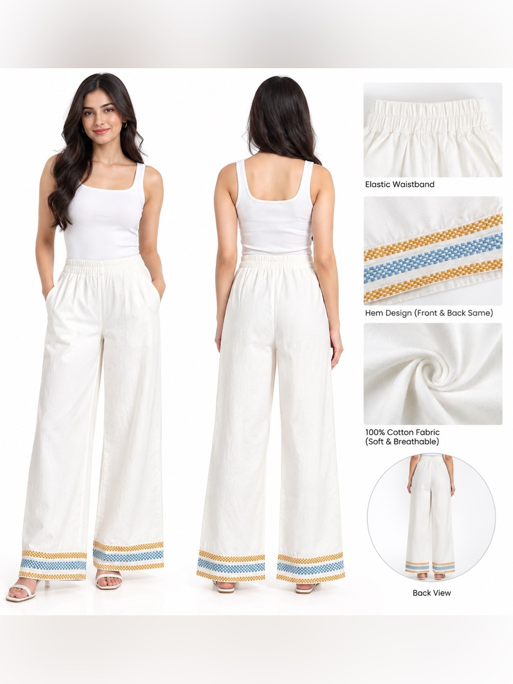 Women’s White Cotton Wide Leg Palazzo Pants Blue Mustard Hem